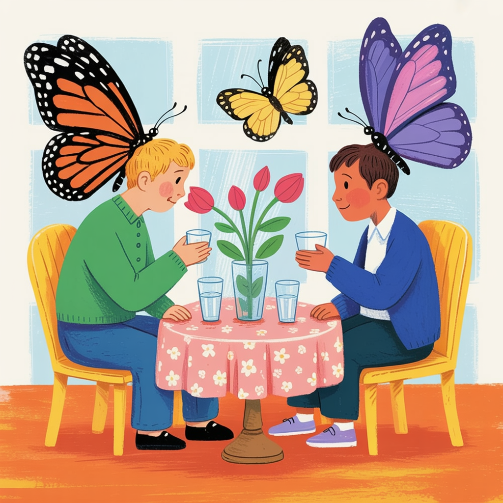Children's book illustration of butterflies at a feast
