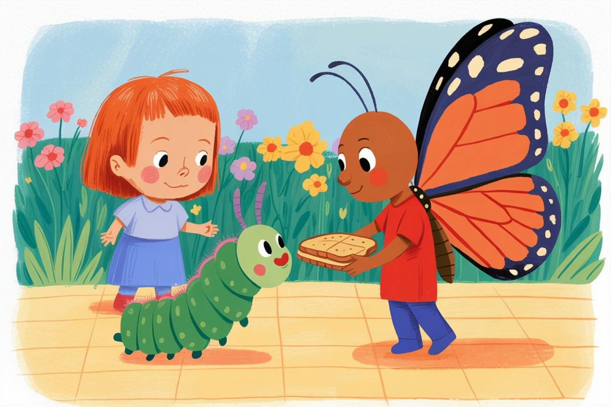 Children's book illustration of a caterpillar making friends with a butterfly