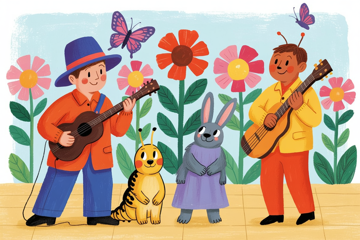 Children's book illustration of a butterfly garden party
