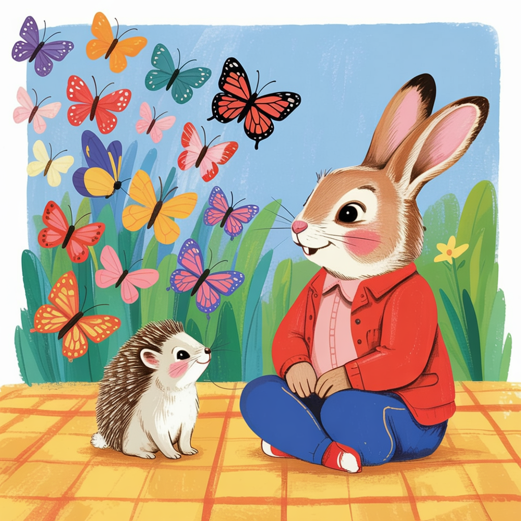 Children's book illustration of animals in a butterfly garden