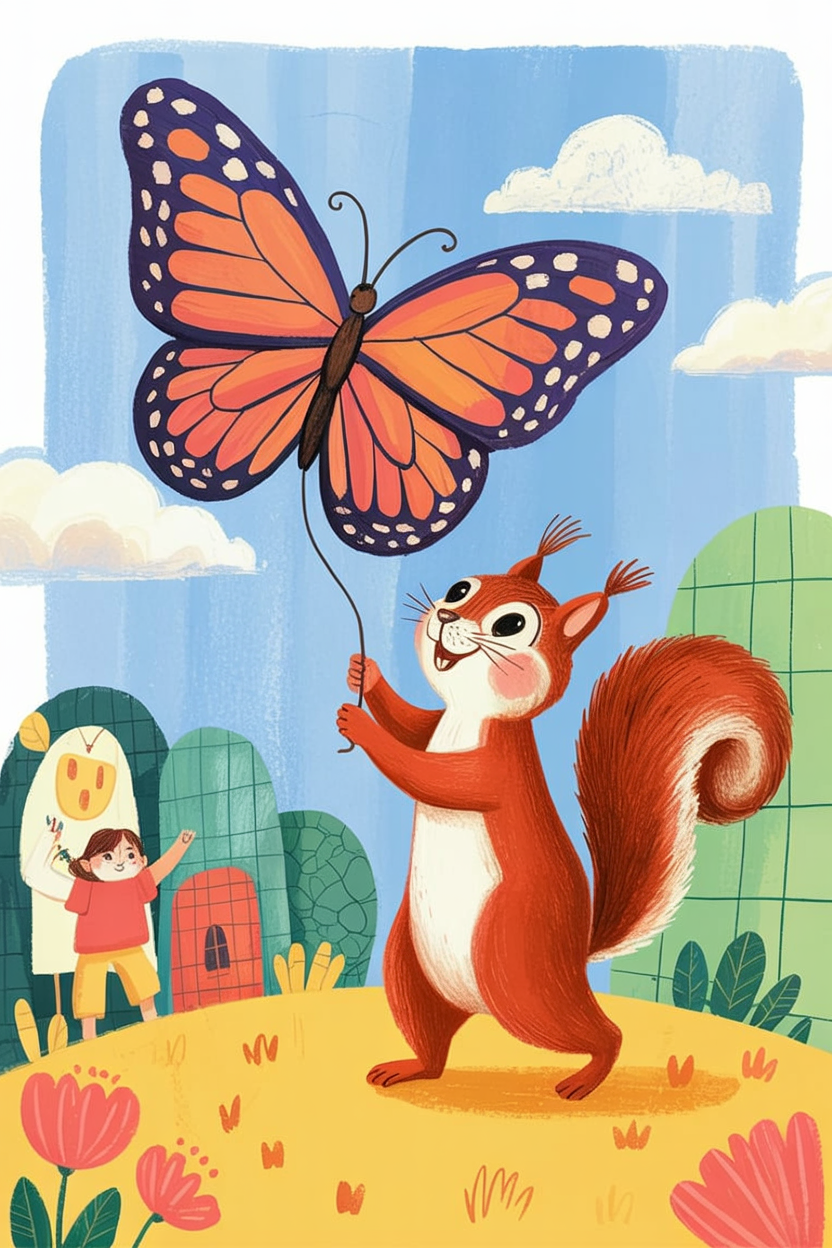 Children's book illustration of a squirrel with a butterfly kite