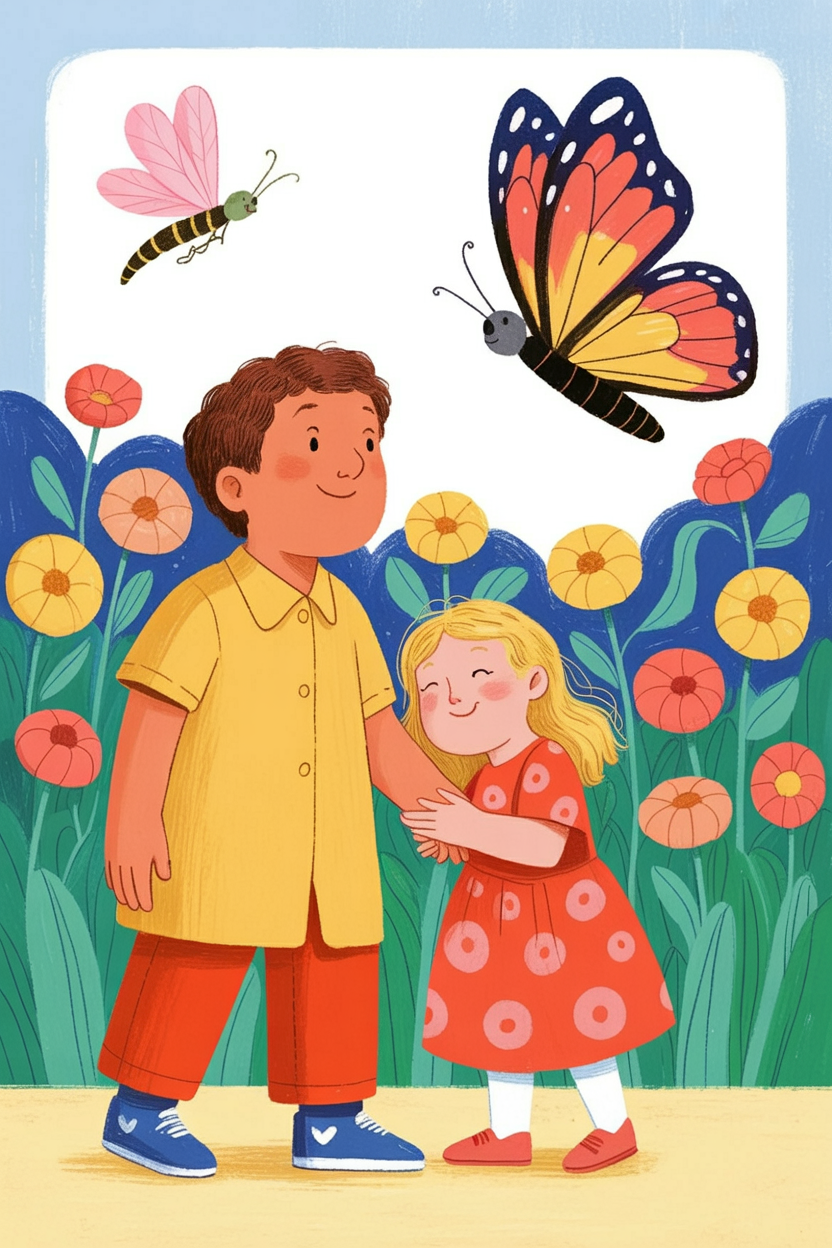 Children's book illustration of a butterfly and firefly at night