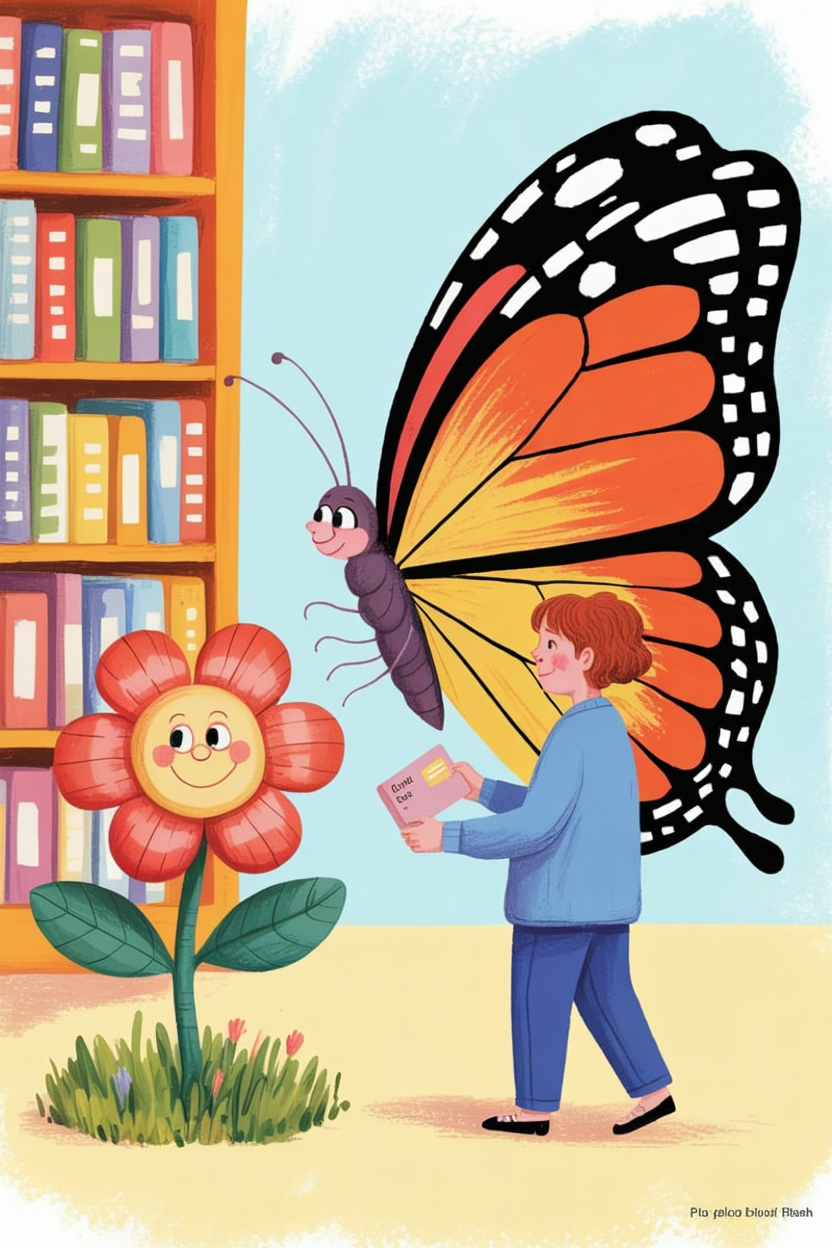 Children's book illustration of a butterfly in a library