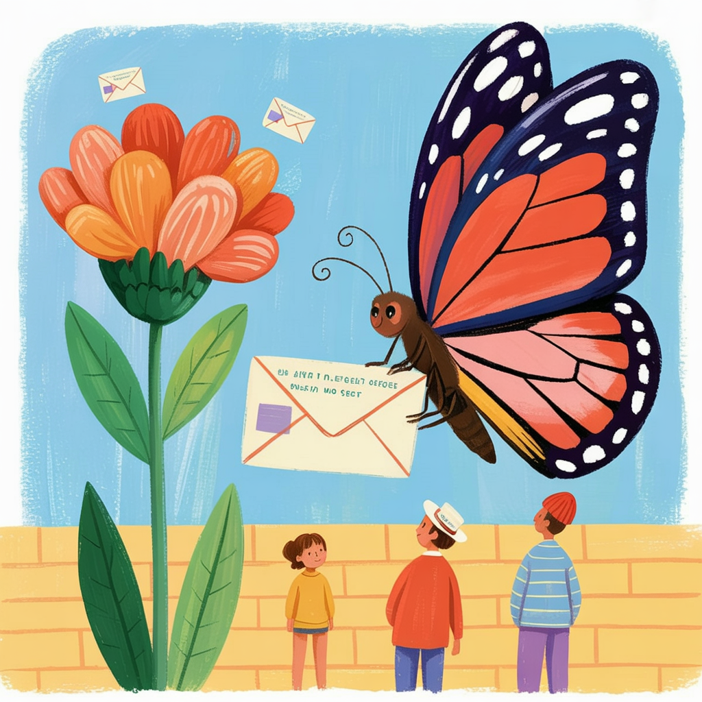 Children's book illustration of a butterfly mail carrier