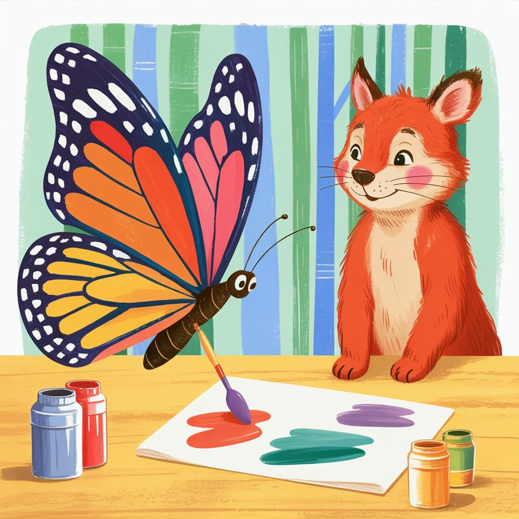 Children's book illustration of a butterfly making wing prints