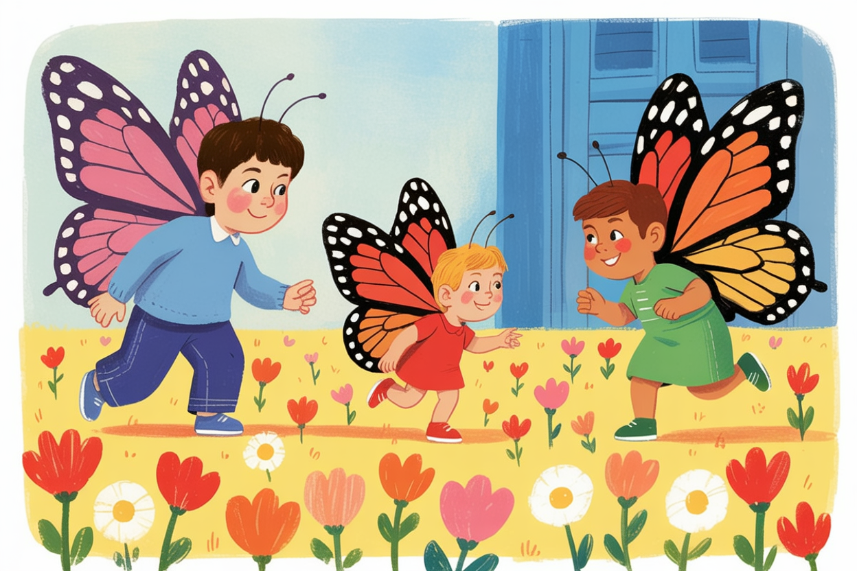 Children's book illustration of butterflies racing
