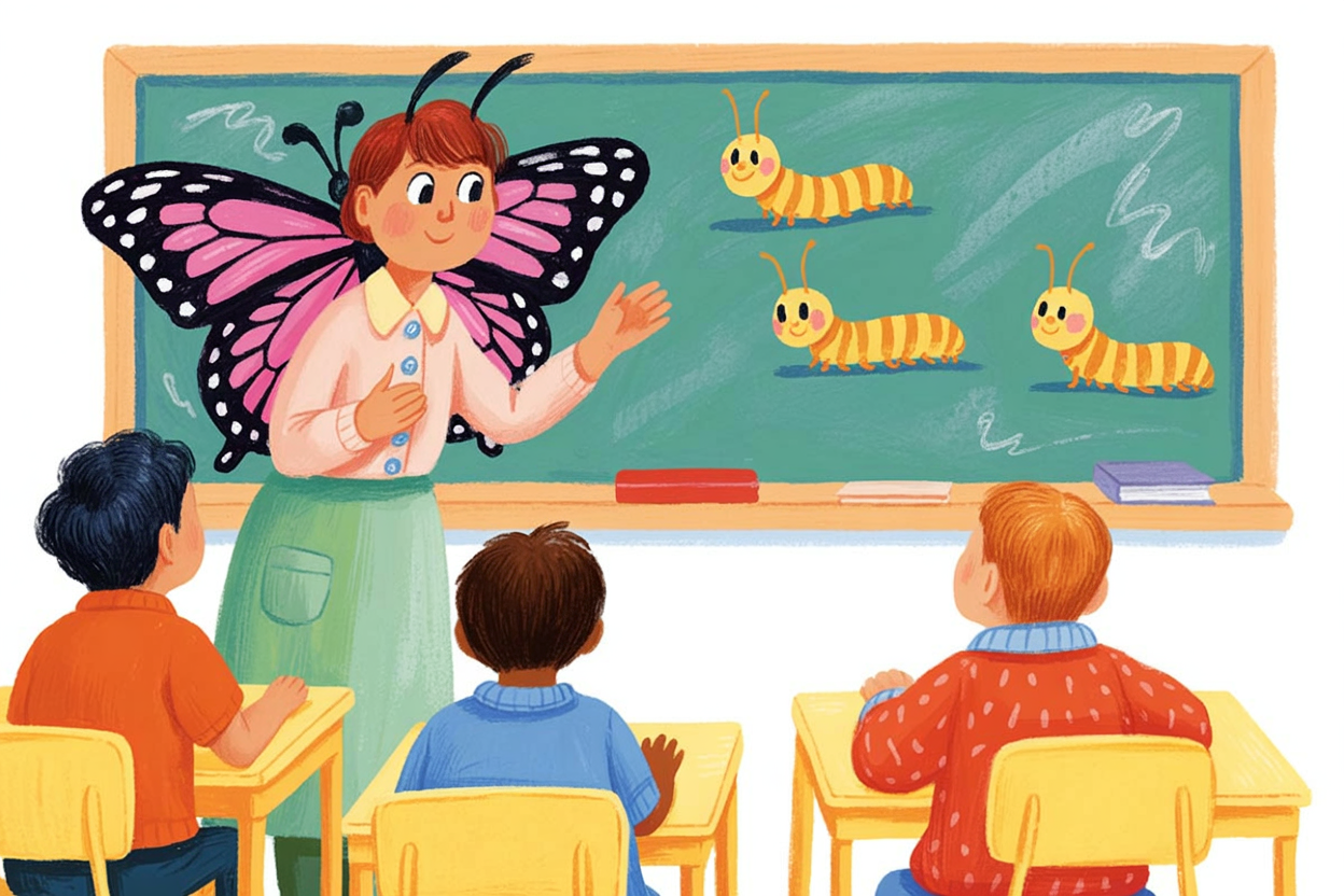 Children's book illustration of a butterfly teaching caterpillars