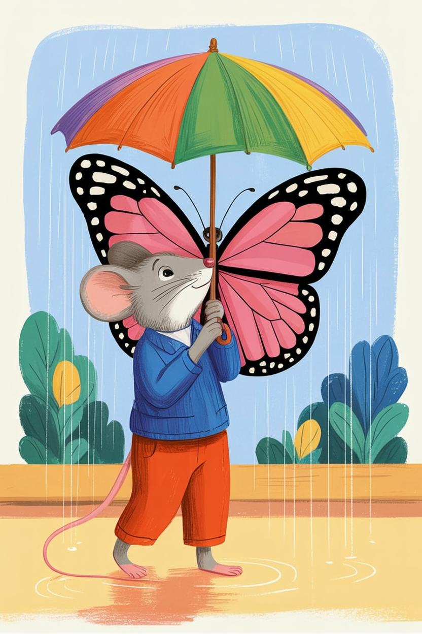 Children's book illustration of a mouse with a butterfly umbrella