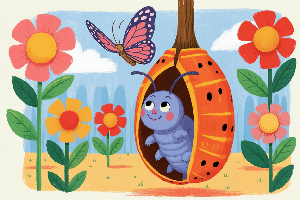 Children's book illustration of a caterpillar dreaming of being a butterfly