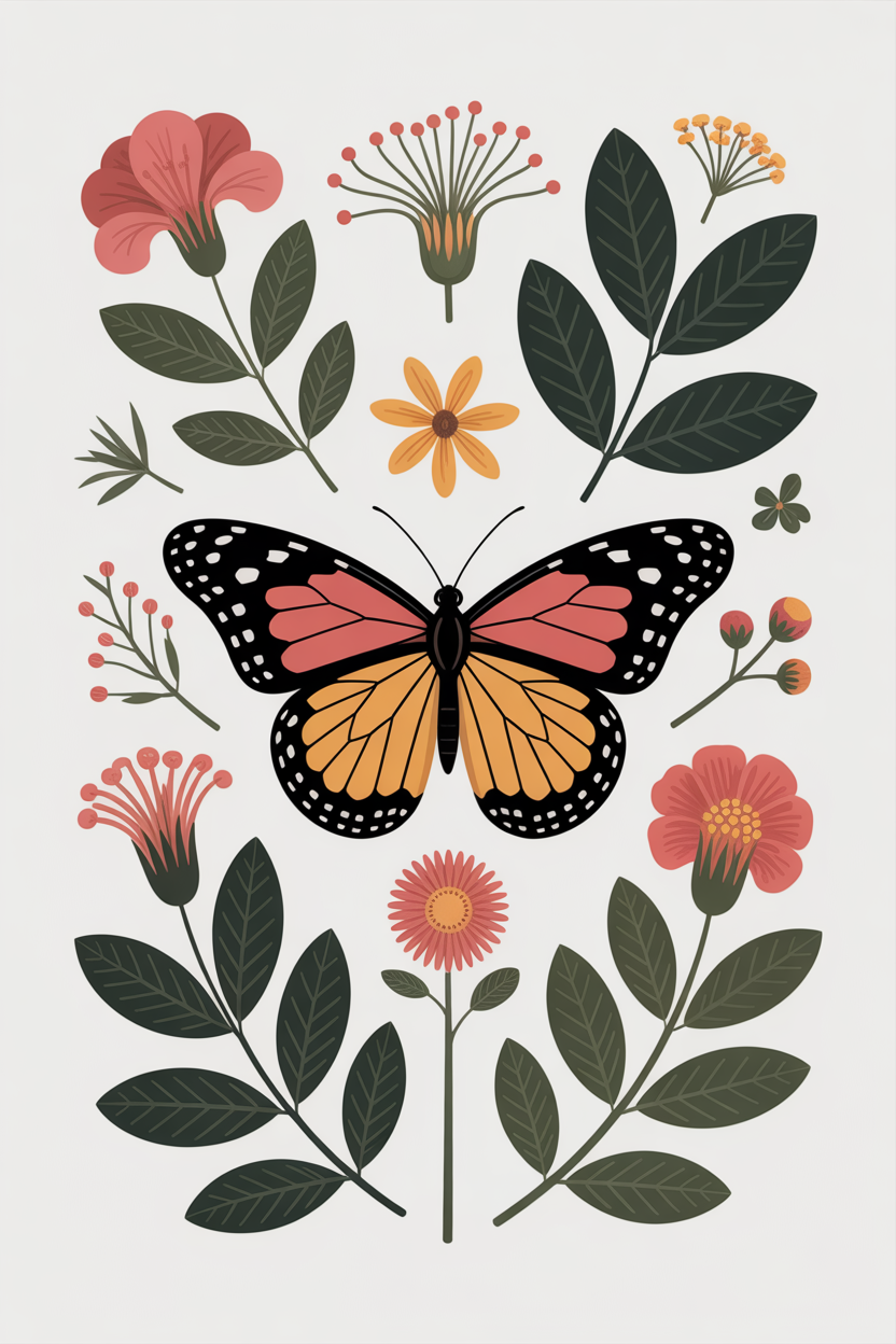 Flat vector illustration of a butterfly botanical composition