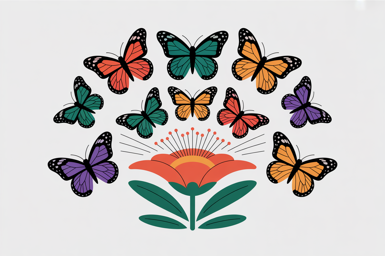 Flat vector illustration of butterflies bursting from a flower