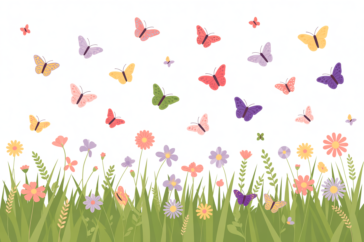 Flat vector illustration of butterflies in a field