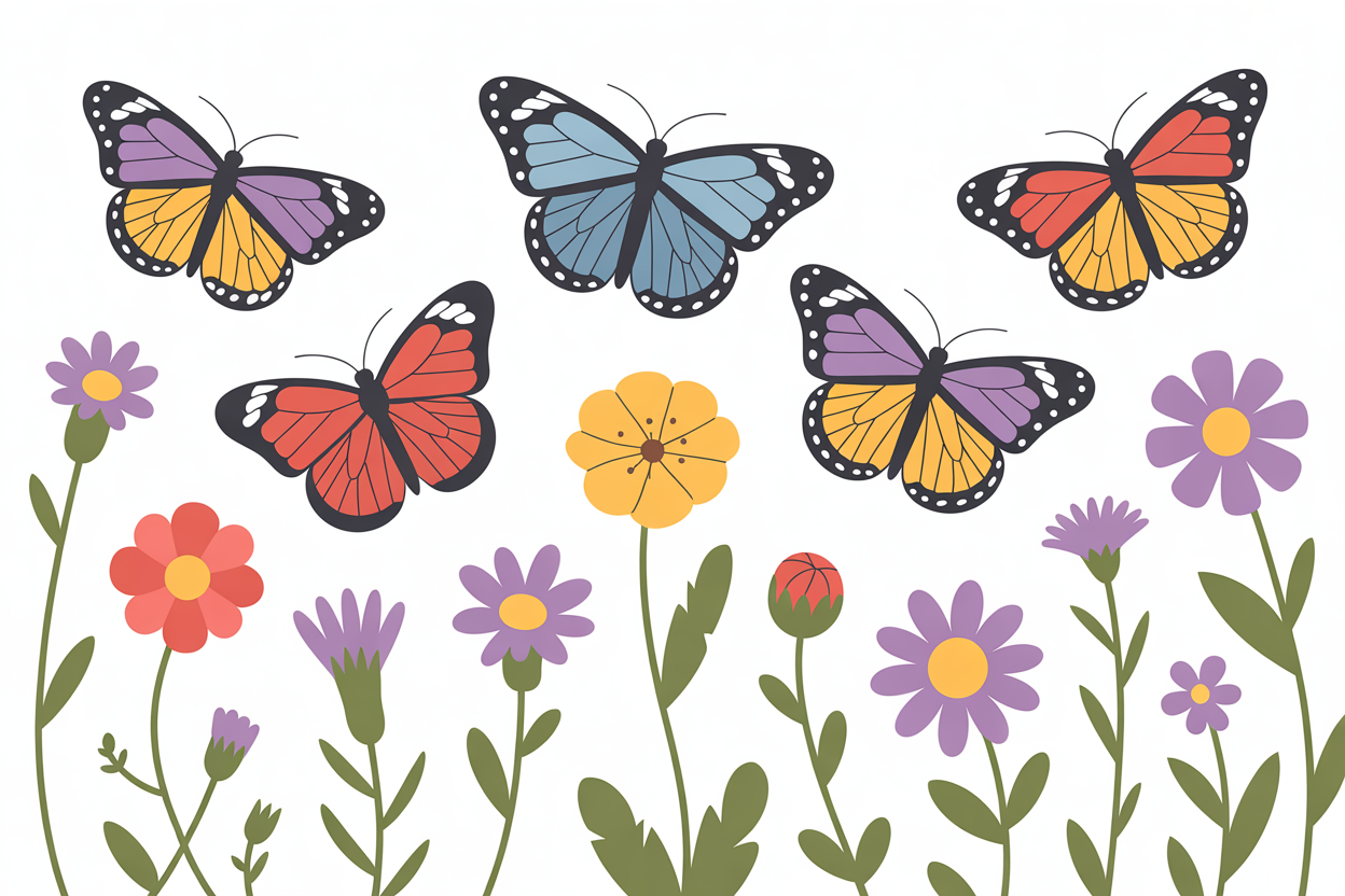 Flat vector illustration of butterflies in a garden