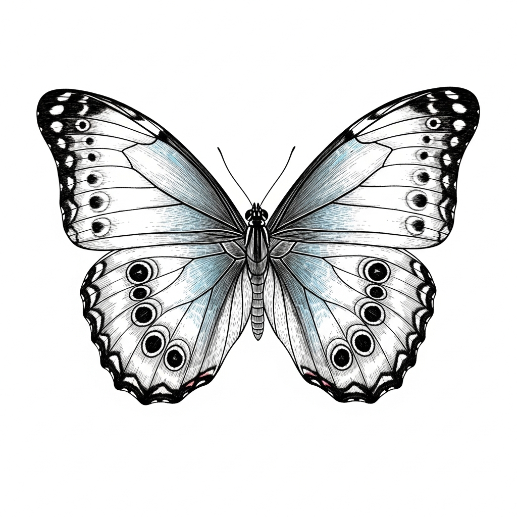 Line art illustration of a blue morpho butterfly