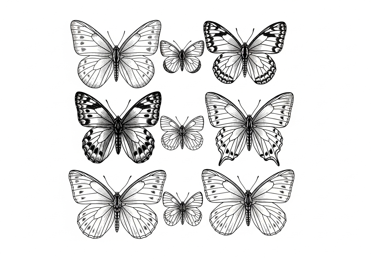 Line art illustration of a butterfly collection