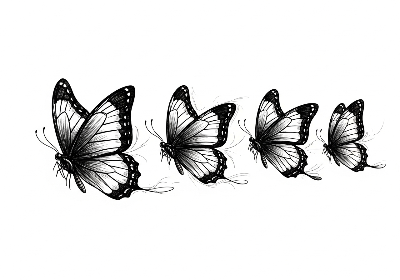 Line art illustration of a butterfly in flight