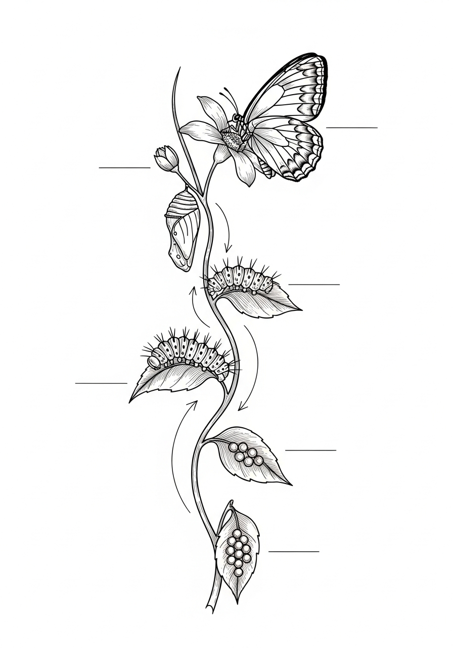 Line art illustration of a butterfly lifecycle diagram