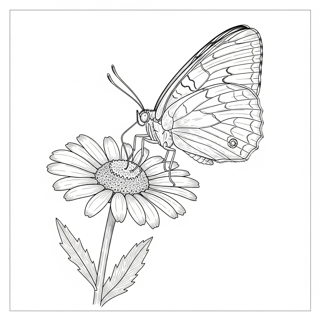 Line art illustration of a butterfly on a daisy