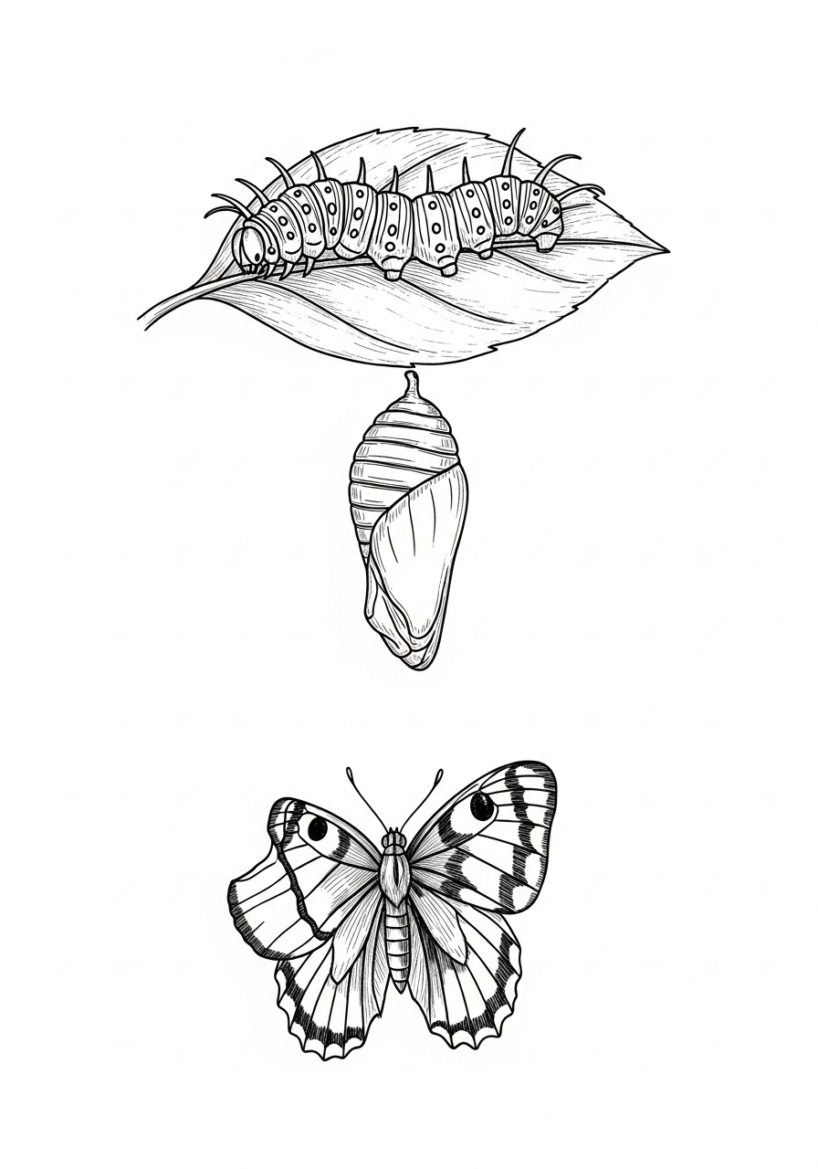 Line art illustration of caterpillar and butterfly