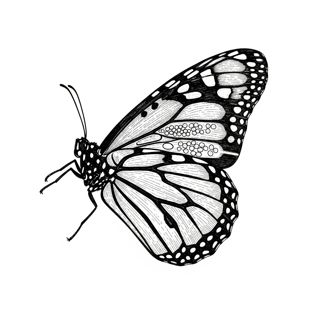 Line art illustration of a monarch butterfly