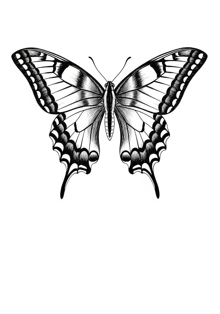 Line art illustration of a swallowtail butterfly