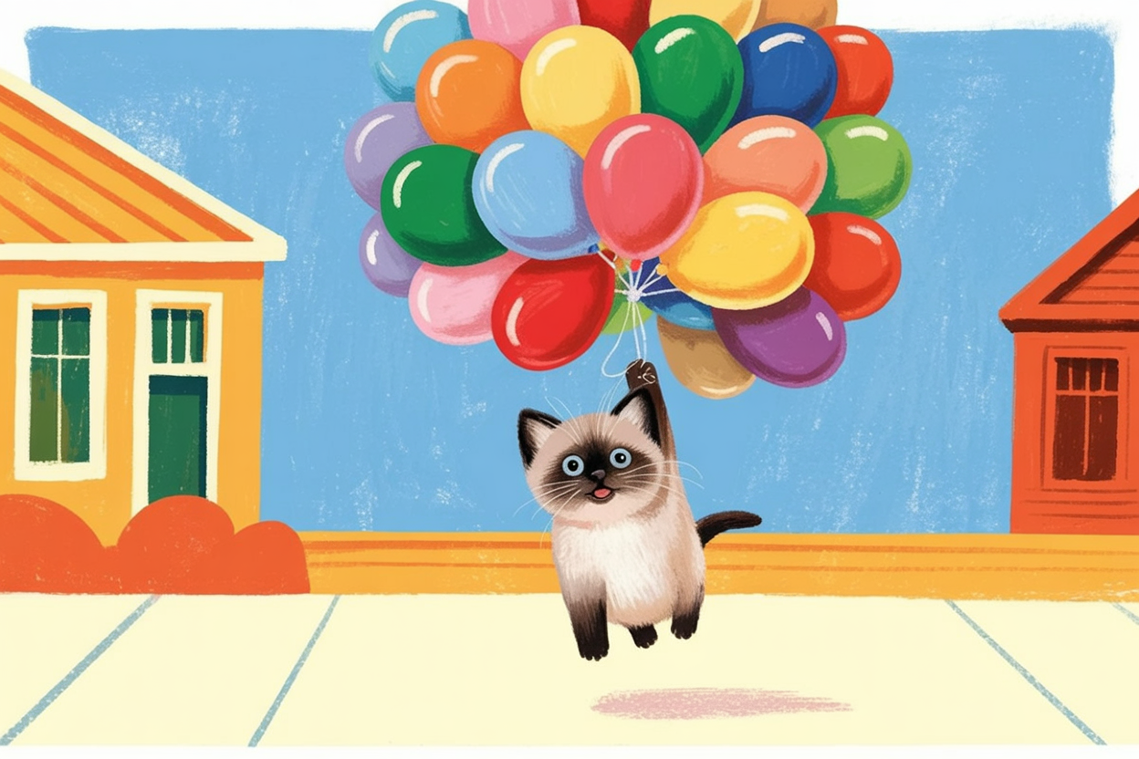 Children's book style illustration of a kitten with balloons