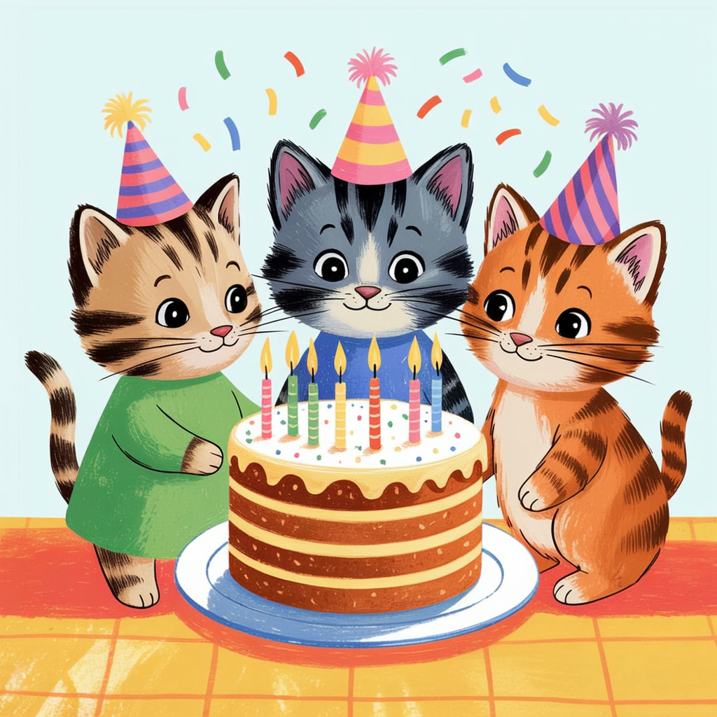 Children's book style illustration of kittens at a birthday party