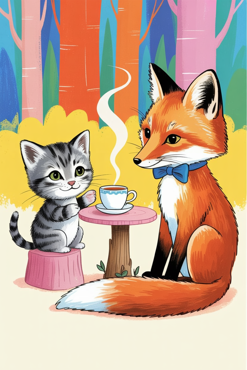 Children's book style illustration of a cat and fox at tea
