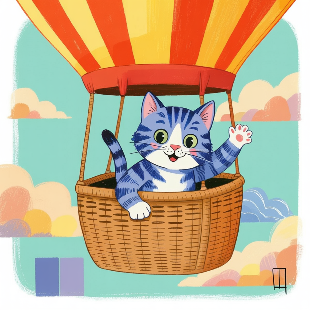 Children's book style illustration of a cat in a hot air balloon