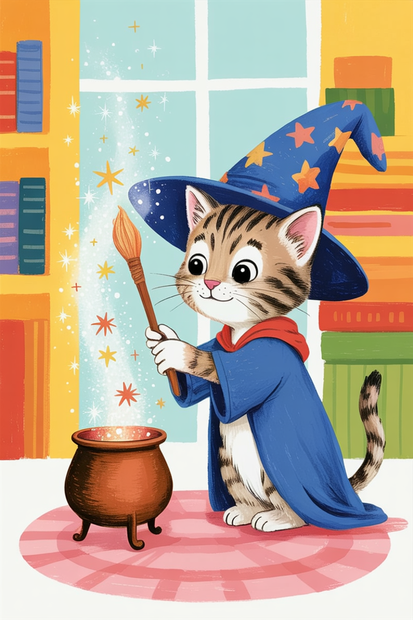 Children's book style illustration of a kitten making magic