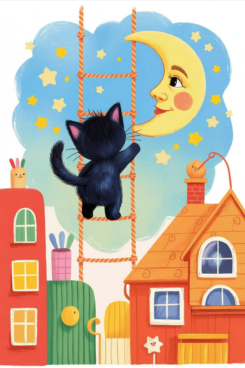 Children's book style illustration of a kitten climbing to the moon
