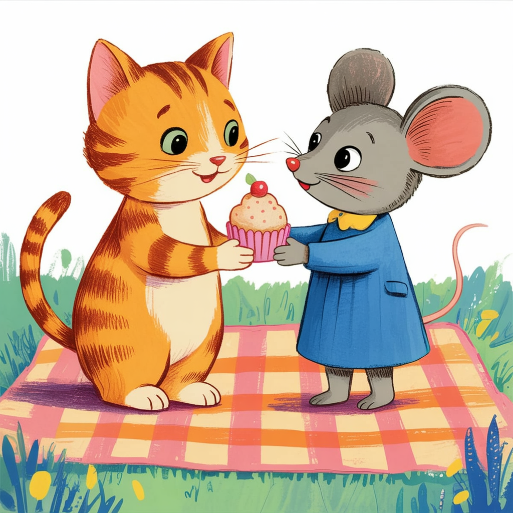 Children's book style illustration of a cat and mouse picnic