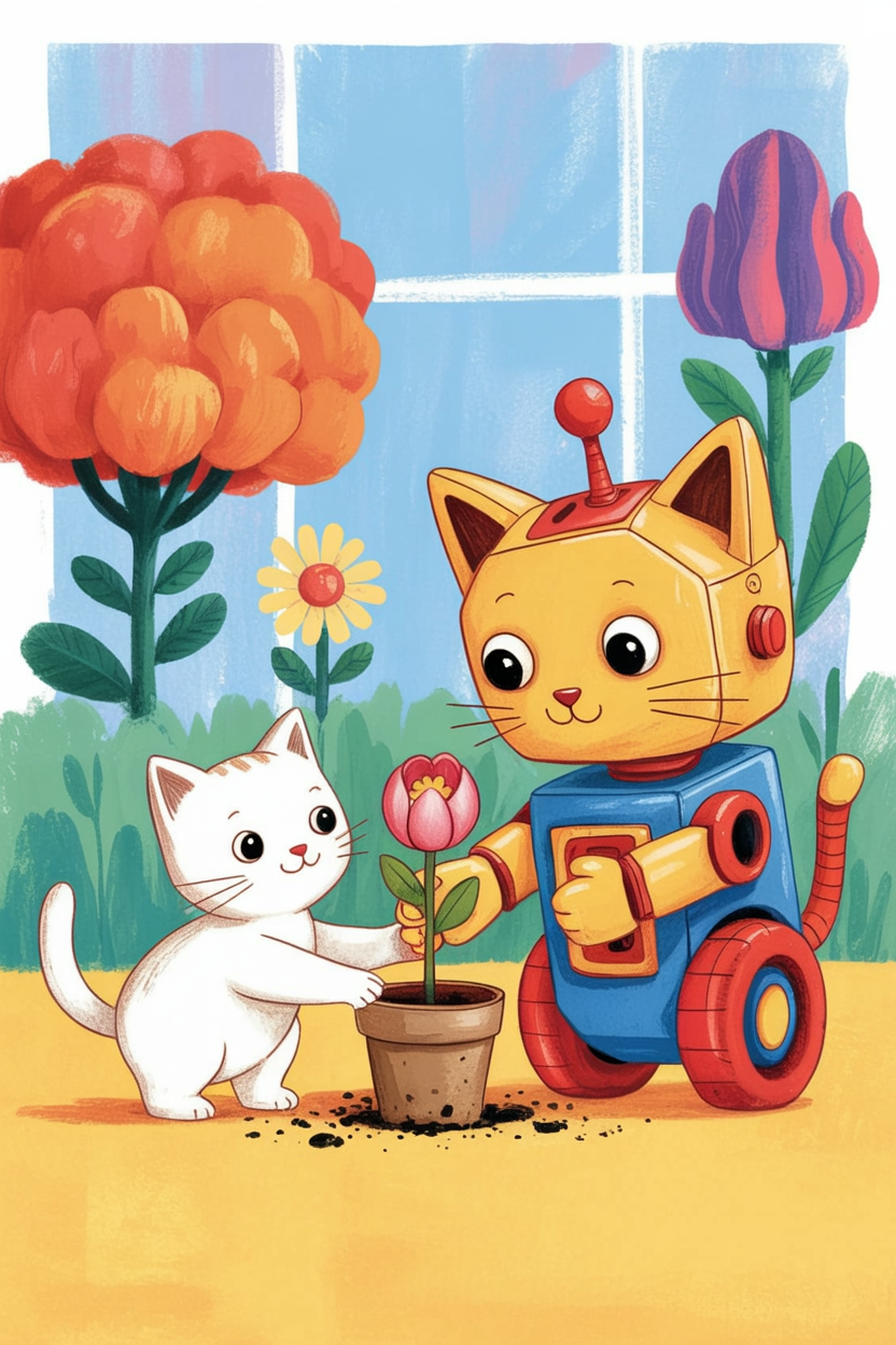 Children's book style illustration of a kitten with a robot friend