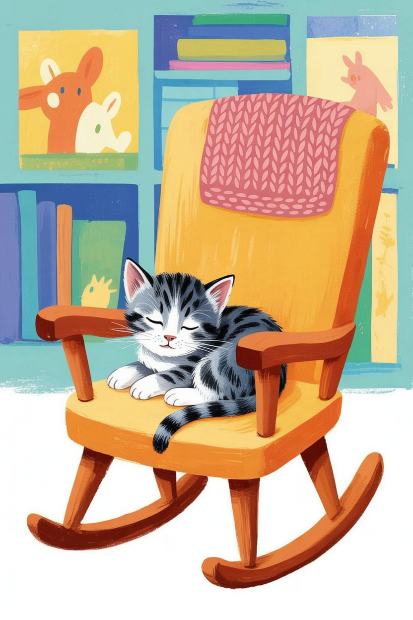 Children's book style illustration of a kitten on a rocking chair