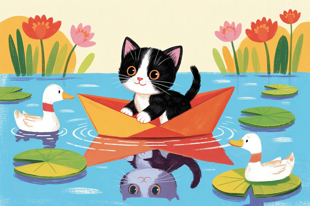 Children's book style illustration of a kitten on a toy boat