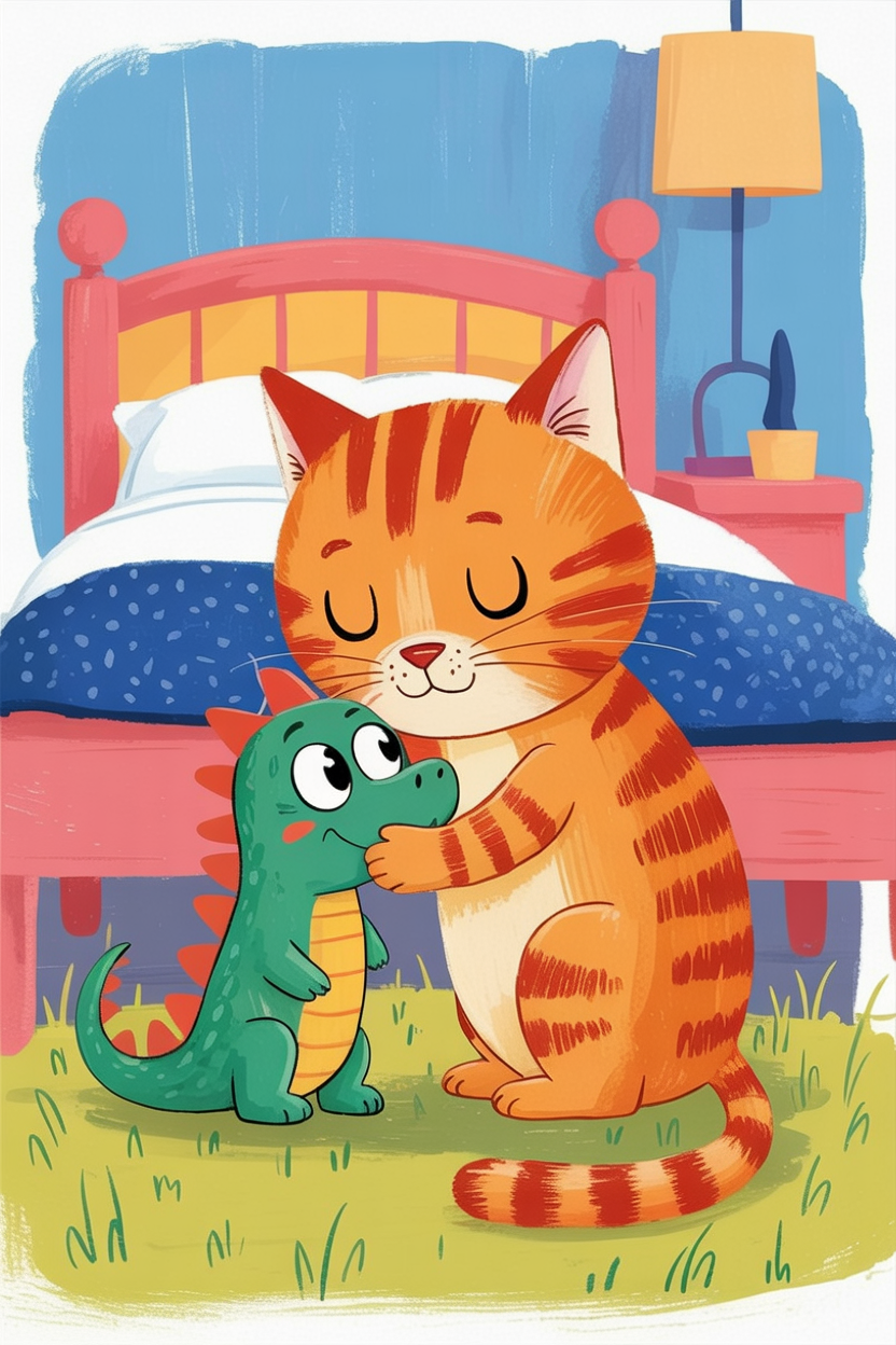 Children's book style illustration of a cat and a small dragon