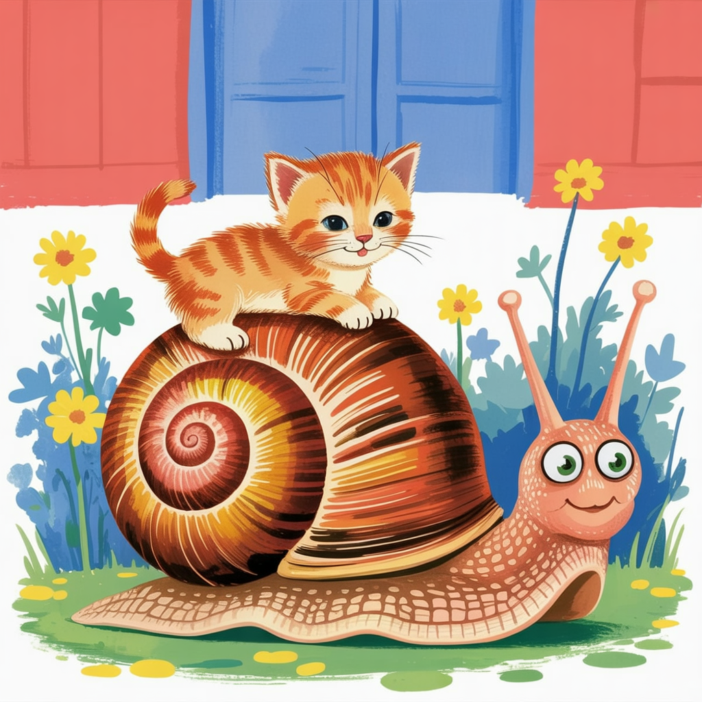 Children's book style illustration of a kitten riding a snail