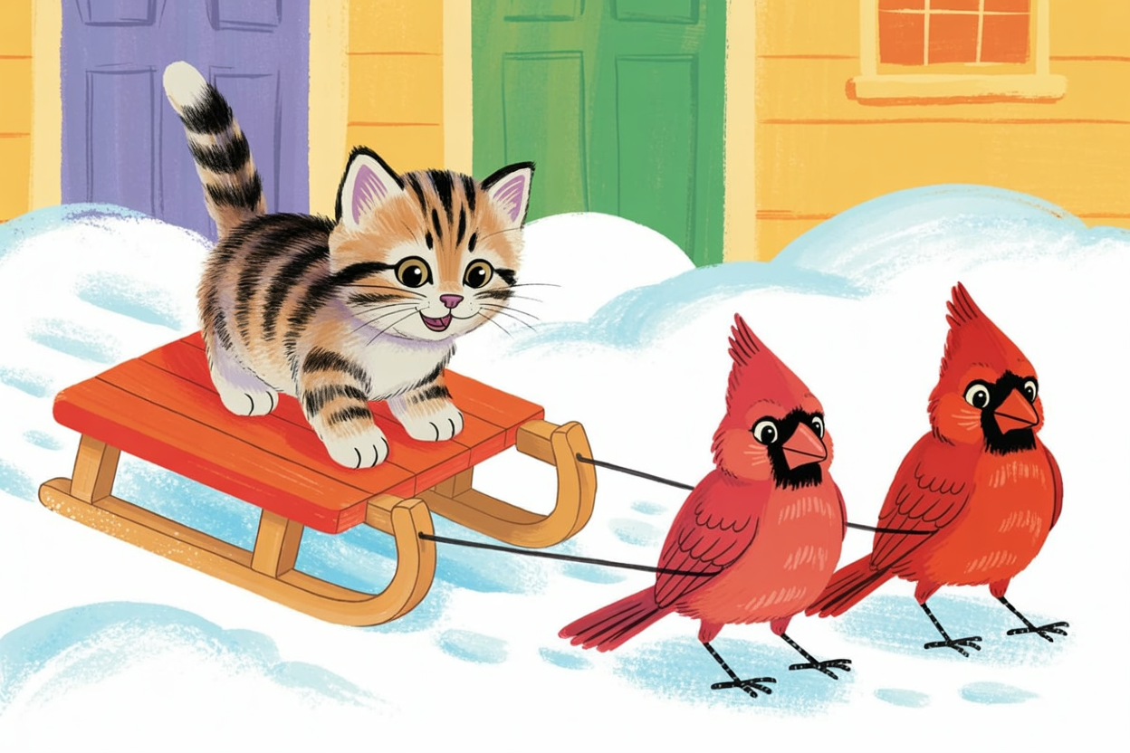 Children's book style illustration of a kitten on a winter sled