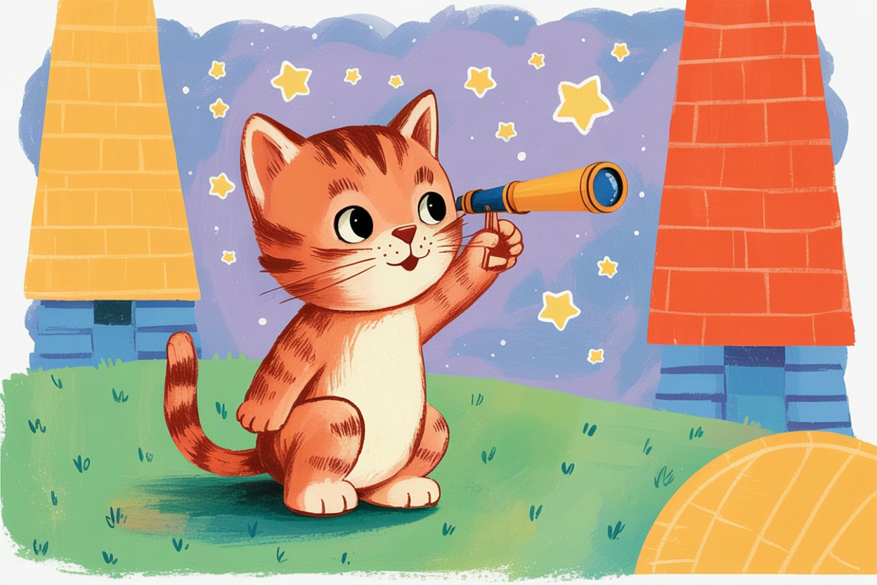Children's book style illustration of a kitten stargazing