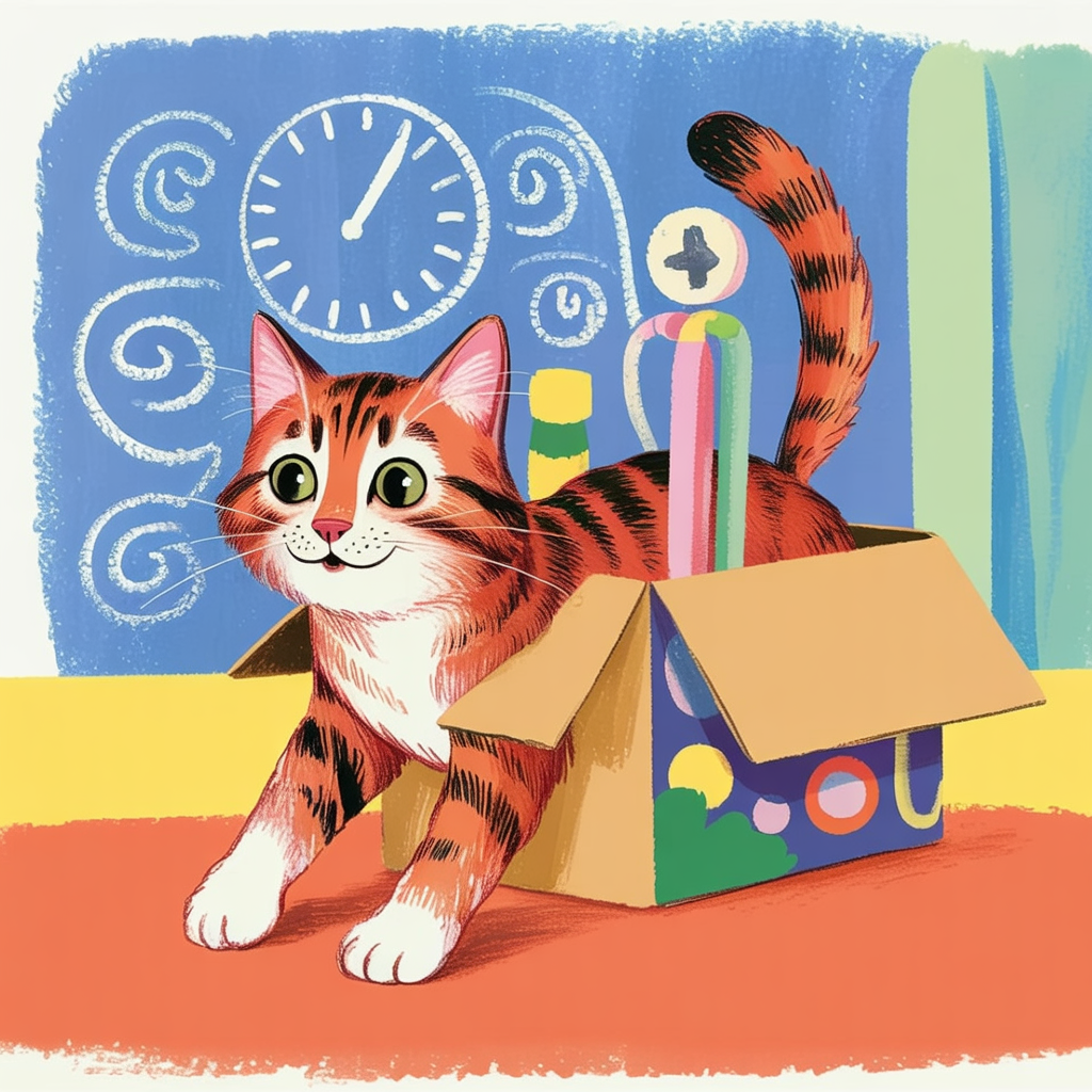 Children's book style illustration of a kitten in a cardboard time machine