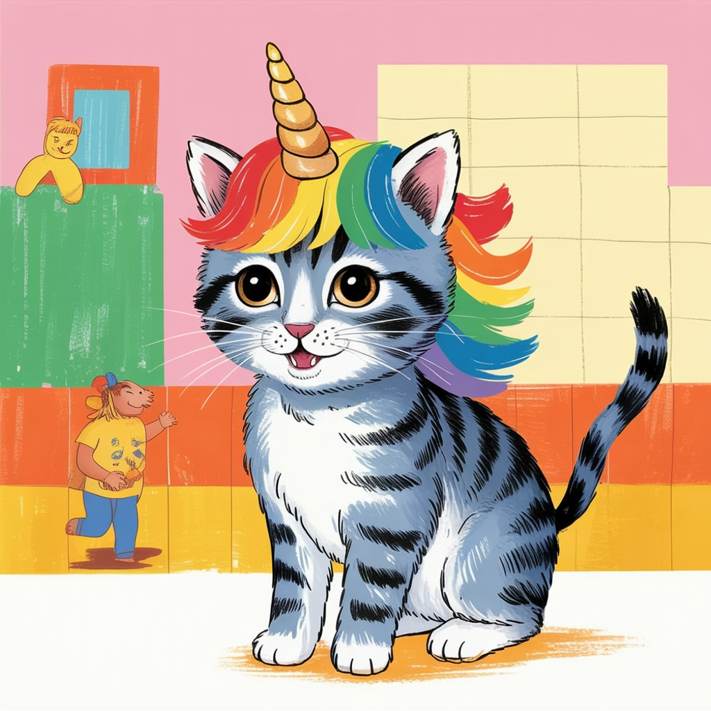 Children's book style illustration of a kitten in unicorn pretend play