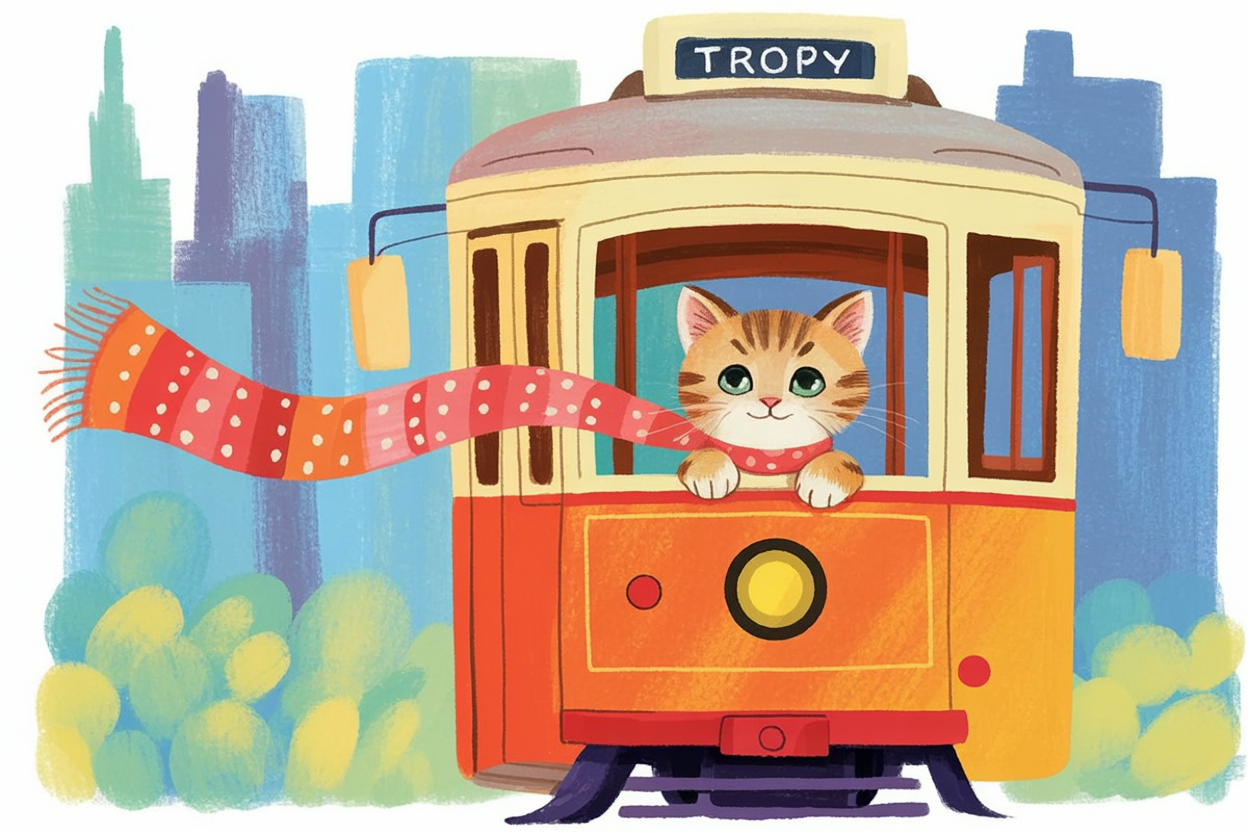 Children's book style illustration of a kitten on a tram