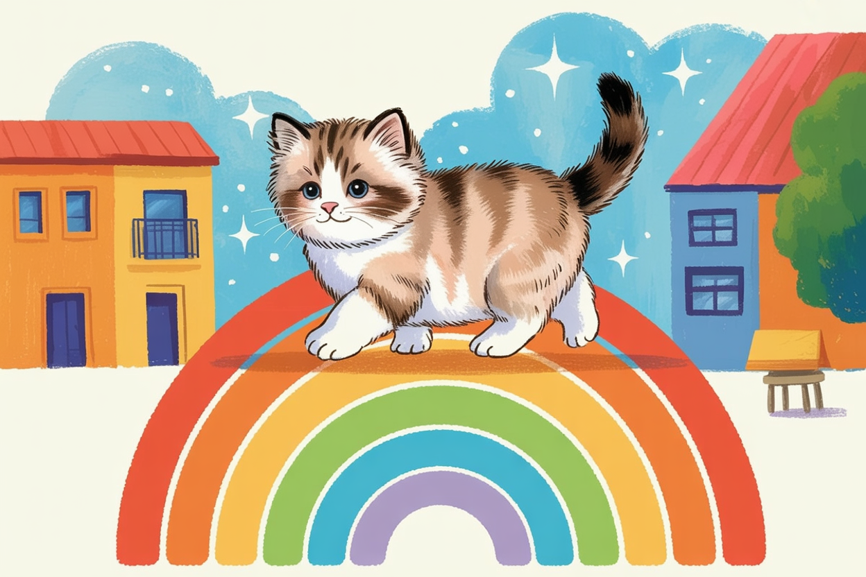 Children's book style illustration of a kitten and a rainbow