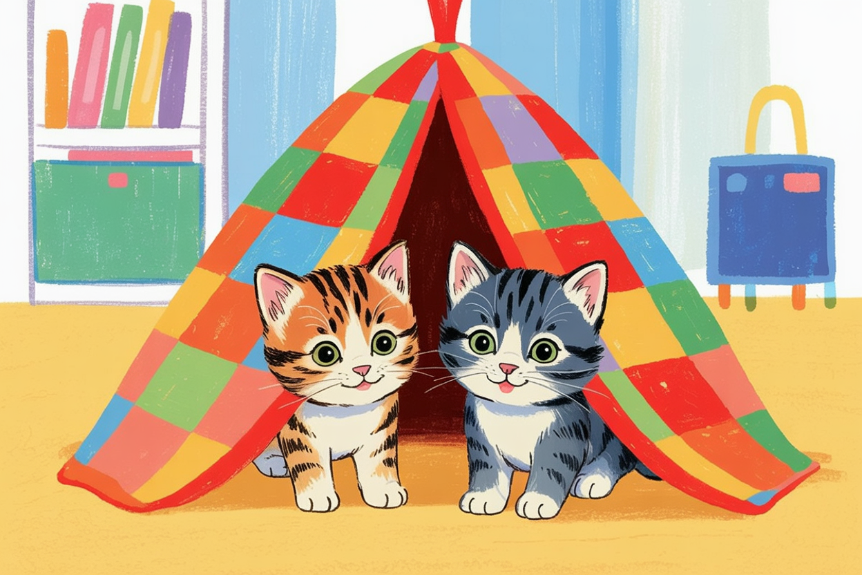 Children's book style illustration of two kittens with a blanket fort