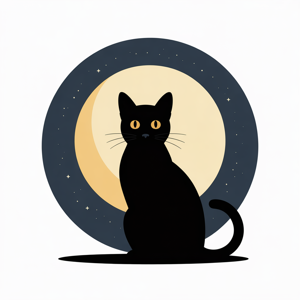Flat vector illustration of a black cat silhouette with a full moon