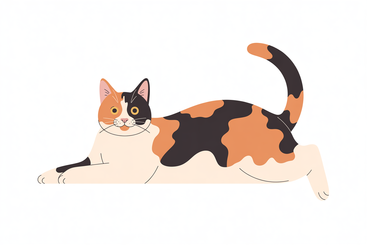 Flat vector illustration of a calico cat lying down