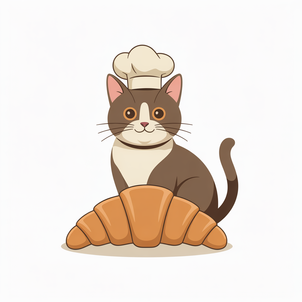 Flat vector illustration of a cat in a chef hat with a croissant