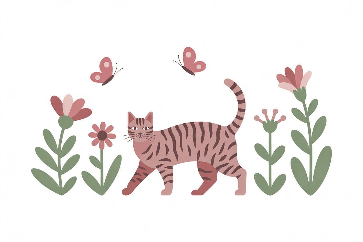 Flat vector illustration of a cat walking through a flower garden