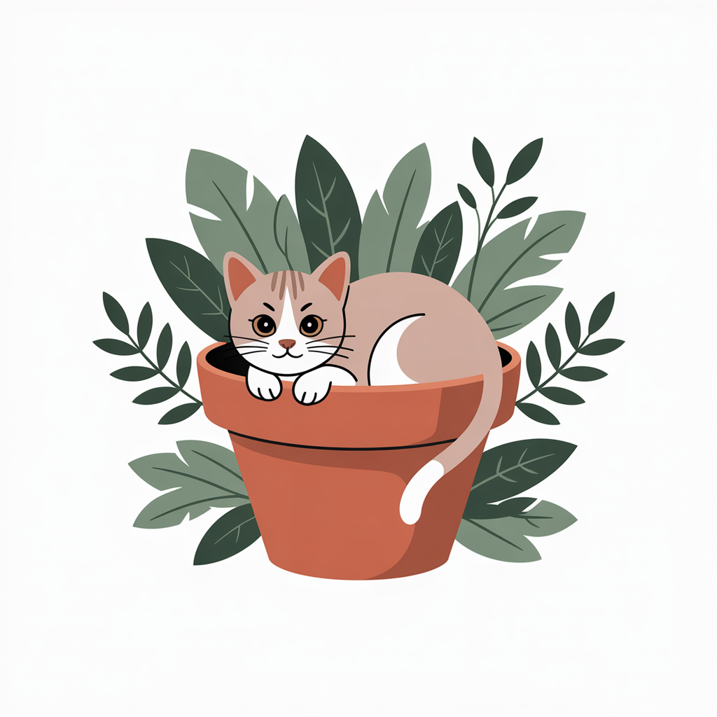 Flat vector illustration of a cat sitting inside a flower pot