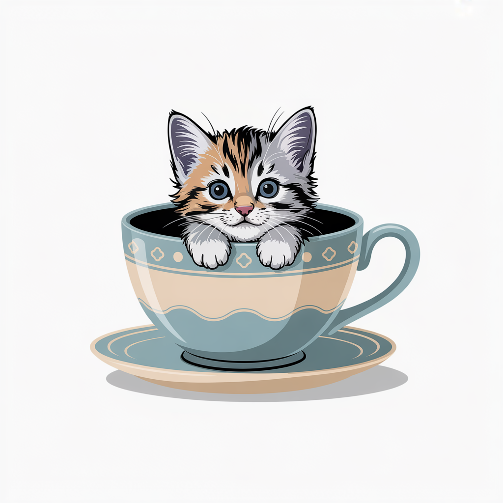 Flat vector illustration of a kitten in a teacup